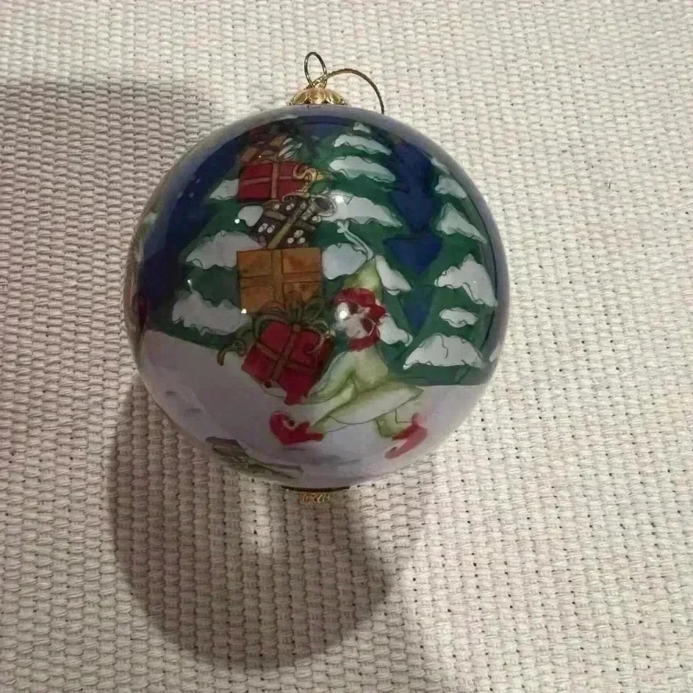 Pier One Imports 2005 Li Bien inside art ornament, elves, Santa, EUC, see pics